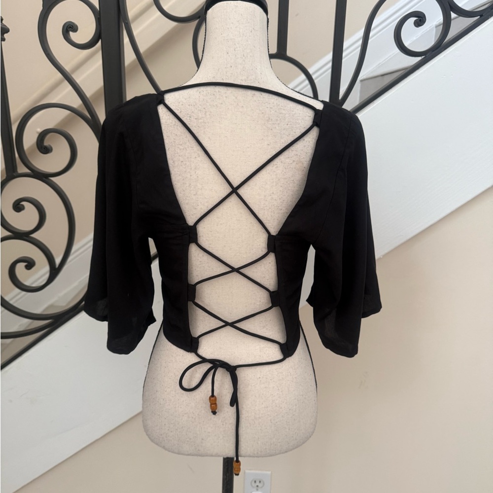 Shore Chic Black Smocked Women's Blouse with crisscross open back!